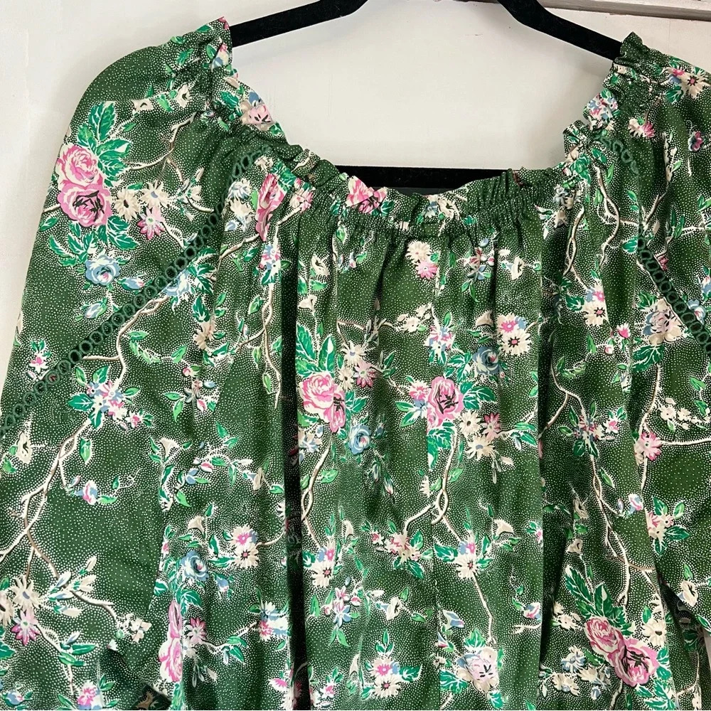 Lane Bryant Women's Plus Size 26/28 Blouse Top Short Sleeve Green Floral Cotton - Picture 8 of 15